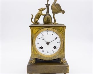 19c French Brass Clock w Aesop's Fox and Stork Finial