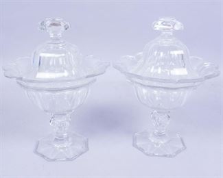 Pair Antique Cut Glass Scalloped Edge Covered Compotes