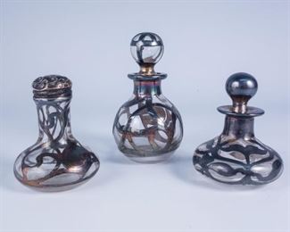 Antique Art Nouveau Glass Bottles w Sterling Overlay