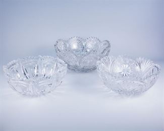 3 ABP Cut Glass Bowls w Fluted Fan Circle Patterns