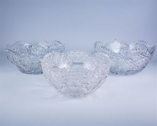 3 ABP Cut Glass Bowls w Floral Hatched Circle Patterns