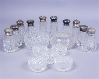 Assorted ABP Cut Glass Shakers w Small Dishes
