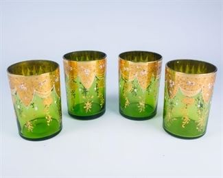 Set of 4 Gilded Hand Painted Moser Green Glass Tumblers