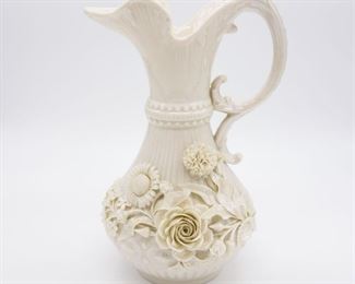 Early Black Mark Belleek Fine Floral Porcelain Pitcher
