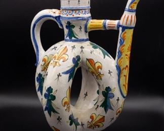 Antique Hand Painted Faience Pottery Puzzle Pitcher