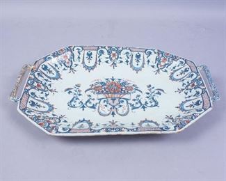 Antique Hexagonal Faience Pottery Platter w Handles