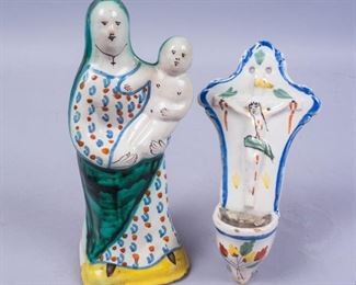Antique Faience Pottery Madonna Child & Holy Water Font