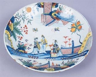 Antique Faience Pottery Bowl w Asian Garden Scene
