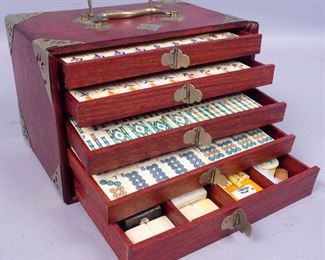19c Mahjong Set in Wooden Case w Drawers #1