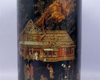 Antique Chinoiserie Lacquer Landscape Wastepaper Basket