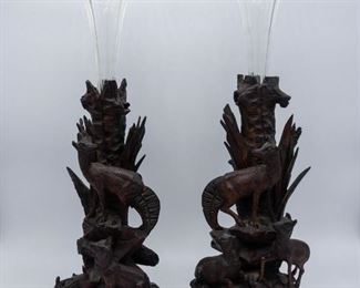 19c Black Forest Carved Walnut Glass Insert Vases 18"