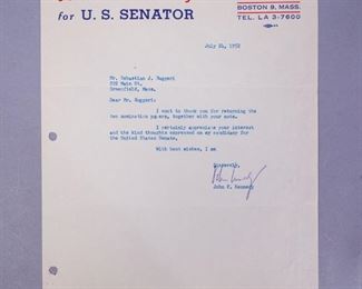 1952 Typed Letter Signed by Senator John F Kennedy