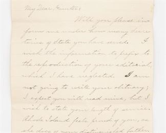 Signed Letter RI Gov Henry B Anthony to William Hunter