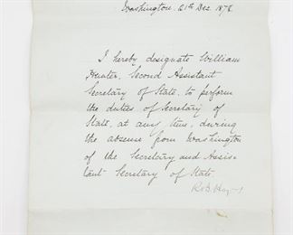 ALS Signed Rutherford B Hayes Dept of State Letter 1878