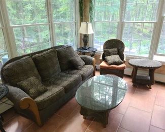 Cushioned Wicker Couch, Wicker Chair, Wicker Table, and Wicker Glass Coffee Table
