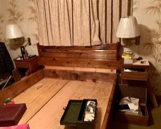 Queen size water bed frame with attached end tables