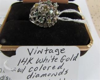 Vintage 14K White Gold w/Colored Diamonds Ring