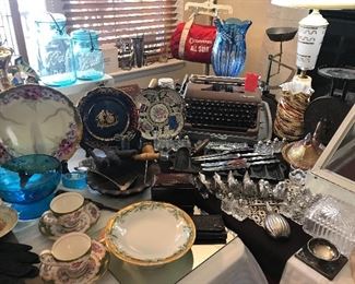Beautiful cups and saucers, typewriter, limoges, carnival glass hen sitting on a nest, napkin holders, antique and vintage porcelain decorator dishes, vintage scale, crystal trinket boxes