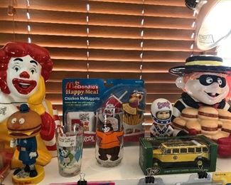 Ronald McDonald and Hamburglar cookie jars. McDonalds Happy Meals vintage still in bubble pack. Bobble head Hamburger and Evil Knivel