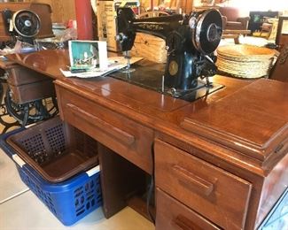 Deco cabinet with Model 201 Singer sewing machine with accessories. 1940-1950