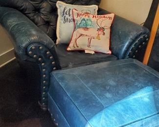 Furniture Over stuffed large leather blue chair ottoman