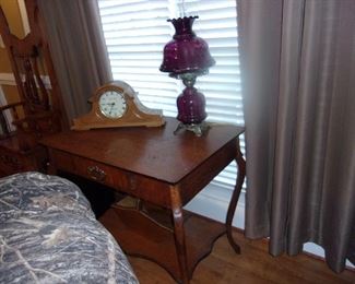 Antique Oak Table, Clock, FENTON Lamp