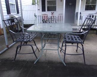 Glass Top Patio Table, Wrougt Iron Stools