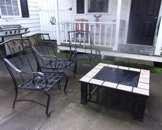 Wrought Iron Patio Chairs, Fire Pit