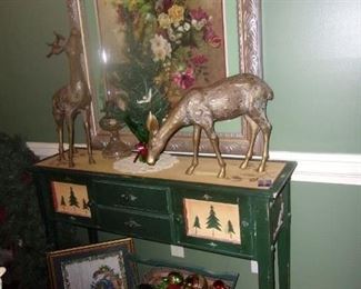 Painted Table, Brass Deer, etc