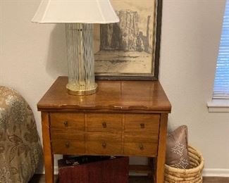Mid-Century sewing machine cabinet, tubular table lamp