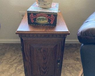 side table cabinet, Jack Daniels box, whiskey jug