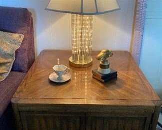 tubular glass table lamp, 1953 race trophy, end table cabinet