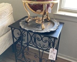gorgeous globe, black iron side table, silverplate tray