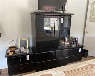 Millenium black lacquer armoire and 2 bedside tables