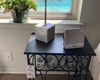 black iron side table, marble base lamp