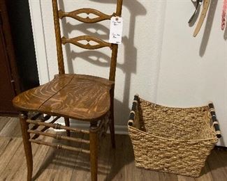 tiger oak straight back chair, basket