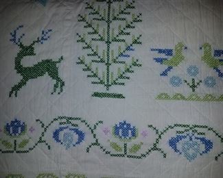 Much linens, bedding and blankets. Embroidery quilt 