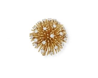 1027
A Tiffany & Co. Diamond Anemone Brooch
18k yellow gold, stamped: Tiffany & Co. / France / 18k (c)
The anemone is topped with twenty-two full-cut round diamonds, totaling approximately 2.2cts and graded F-G color and VS clarity, with signed blue suede box
1.25" W
28.8 grams
Estimate: $3,000 - $5,000