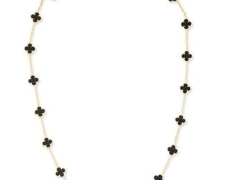 1028
A Van Cleef & Arpels "Alhambra" Onyx Necklace
18k yellow gold, stamped: VCA / 750 / CF 12926
Set with twenty onyx quatrefoil panels within a beaded frame
31" L x .25" H
45.3 grams
Estimate: $15,000 - $20,000