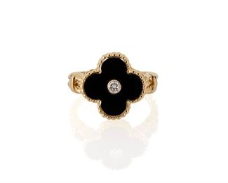 1032
A Van Cleef & Arpels "Alhambra" Onyx And Diamond Ring
18k yellow gold, stamped: VCA / NY / 18k / indistinct number
Set with onyx and centering one full-cut round diamond gauged at .5cts
Ring size: 6.25
4.6 grams
Estimate: $2,500 - $3,500