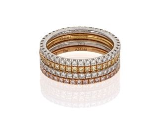 1034
Four DeBeers Diamond Eternity Bands
18k gold, each stamped: De Beers [with further numbers]
Each entirely micro pave-set with diamonds comprising: NA25288 - 18k rose gold, with forty round pink diamonds weighing .4cts; A28891 - 18k yellow gold with forty round yellow diamonds weighing .39cts; A42781 - 18k white gold with forty round diamonds weighing .32cts; A65509 - 18k white gold with forty round diamonds weighing .4cts; with four Debeers passports and four signed wooden ring boxes
Each ring size: 6
5.6 grams gross
4 pieces
Estimate: $1,500 - $2,000