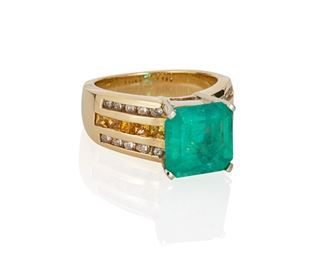 1036
An Emerald And Diamond Ring
14k yellow gold
Centering a rectangular-cut emerald, gauged at approximately 4.54cts, and flanked by ten princess-cut yellow-colored diamonds and twenty full-cut round diamonds, totaling approximately .3cts
Ring size: 7.25
10.5 grams
Estimate: $800 - $1,200