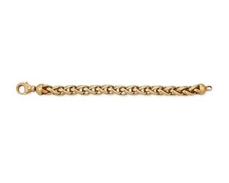 1039
A Tiffany & Co. Gold Bracelet
18k yellow gold, stamped: T & Co. / 750 / Germany
Designed a polished fancy link bracelet, with signed blue suede box
7" L
89.9 grams
Estimate: $4,000 - $6,000