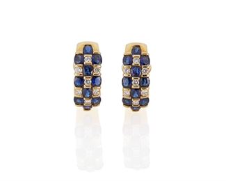 1044
A Pair Of Sapphire And Diamond Half Hoop Earrings
18k yellow gold
Set with twenty oval-cut sapphires, totaling approximately 4cts, and fourteen full-cut round diamonds, totaling .7cts, with clip backs an retractable posts
.85" L
11 grams
2 pieces
Estimate: $1,500 - $2,000