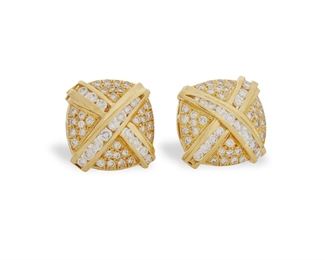 1050
A Pair Of Diamond "X" Ear Clips
18k yellow gold
Set with ninety-four full-cut round diamonds, totaling approximately 3cts and graded F-G color and VS clarity, with post and clip-backs
.75" W
16.6 grams
2 pieces
Estimate: $2,000 - $3,000