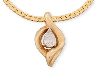 1053
A Diamond Pendant Necklace
14k yellow gold
Suspending a detachable pendant set with a pear-shaped diamond, weighing 2.07cts with GIA report dated August 26, 2021 stating F color and I1 clarity, with gold neck chain
16" L x 1.25" H
27.5 grams
2 pieces
Estimate: $6,000 - $8,000