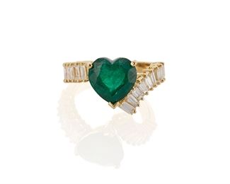 1056
An Emerald And Diamond Ring
18k yellow gold
Centering a heart-shaped emerald, weighing 3.41cts with GIA certificate dated May 13, 2021 stating natural emerald with moderate clarity enhancement (F2), further set with sixteen baguette-cut diamonds, totaling approximately .8cts and graded G-H color and SI clarity
Ring size: 6.5
5.33 grams
Estimate: $3,500 - $4,500