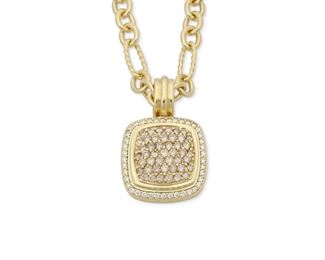 1055
A David Yurman "Albion" Diamond Necklace
18k yellow gold, each stamped: DY / 750
Suspending a detachable square pendant pave-set with forty round brown colored diamonds and forty round near colorless diamonds, totaling approximately 1.2cts
16" L x 1" H
45. 8 grams gross
2 pieces
Estimate: $2,000 - $3,000