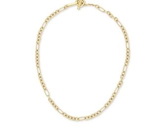 1058
A David Yurman "Figaro" Necklace
18k yellow gold, stamped: DY / 750 / (c)
Designed with twisted oval links alternating with polished rounded links, with toggle clasp
15.5" L
27.2 grams
Estimate: $2,000 - $3,000
