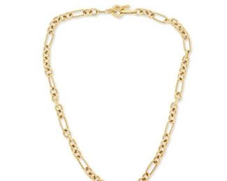 1061
A David Yurman "Figaro" Link Necklace
18k yellow gold, stamped: DY / 750 / (c)
Designed with twisted oval links alternating with rounded polished links, with toggle clasp
18" L
57.9 grams
Estimate: $1,200 - $1,800
